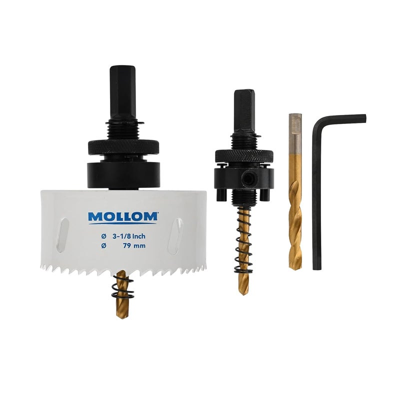 Mollom (79mm | 3-1/8") HSS M42 with 8% Cobalt BI-Metal Hole Saw with 2 Pilot Drill Bits & Arbor Smooth Cutting for PVC,Drywall,Wood,Plastic,Gypsum Board,Rubber - Image 1